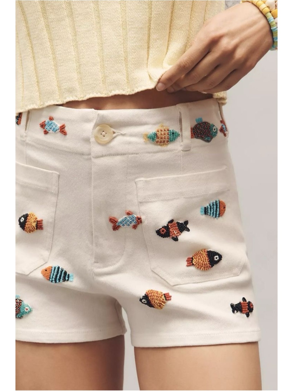 NWT Anthropologie The Colette Beaded Icon Jean Shorts Fish 28